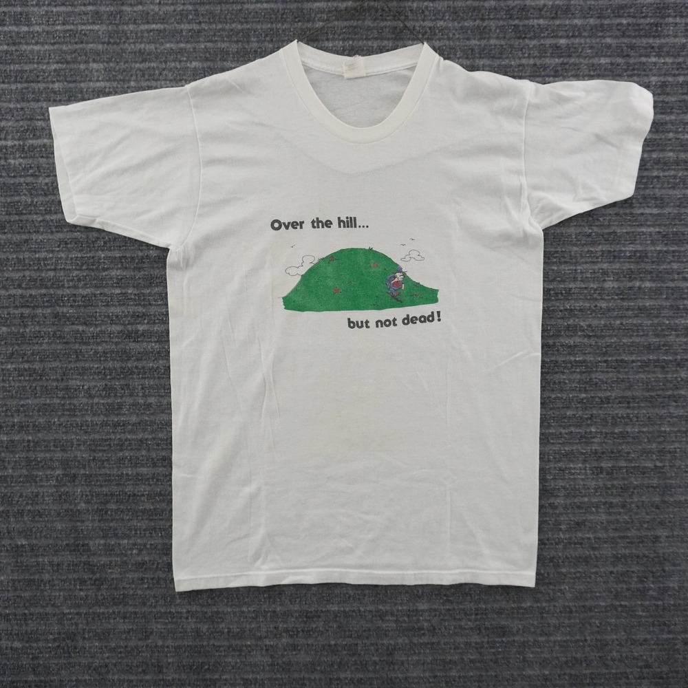 Vintage 80s Paper Thin 5050 T-Shirt XL White Over The Hill But Not Dead Tee